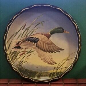 Vintage Barware Metal Serving Tray Mallard Duck James L Artig 11" Diameter